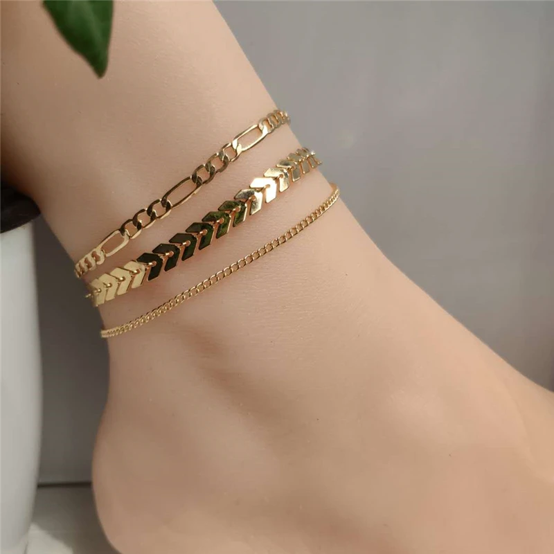 4 PCS/Set Simple Figaro Chain Anklets for Women Fashion Gold Silver Color Ankle Bracelet on Leg 2021 Bohemian Beach Foot Jewelry