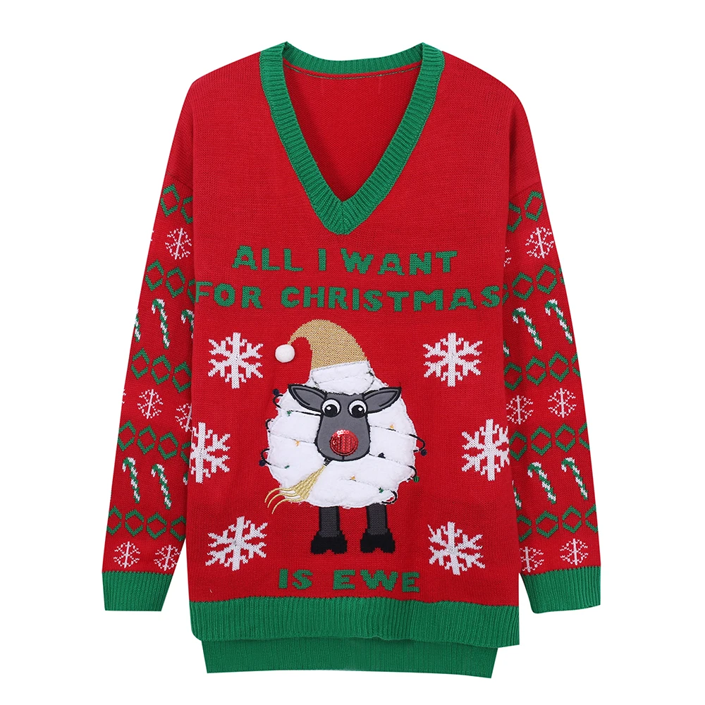 LED Light-up Knitted Ugly Jumper Sheep Sweater Santa Claus Xmas Pattern Christmas Green Top Men Womens Wear Love | Женская одежда