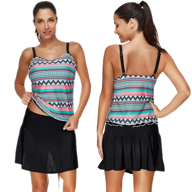 

Женский купальник-танкини, комплект для плавания с чашками пуш-ап, с юбкой, размера плюс, пляжная одежда для плавания, США, 2020