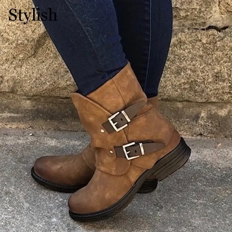 Зимние ботинки для женщин Однотонная обувь на плоской подошве с пряжкой Женская