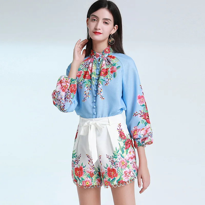 

Summer Fashion New Stand-up Collar Puff Sleeve Flower Print Single-Breasted Shirt Lace-up Shorts Suit for Women