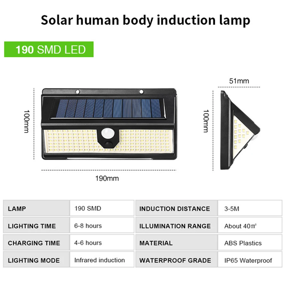 

190 LED Solar Lights Outdoor Solar Lamp With PIR Motion Sensor Solar Powered Waterproof Warning light for Courtyard Garden Yard