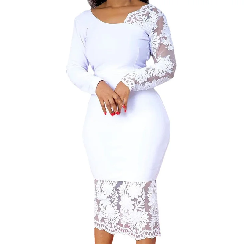 

Женское классическое кружевное платье, белое элегантное облегающее платье миди с длинным рукавом, в стиле пэчворк, для офиса и вечерние, осе...