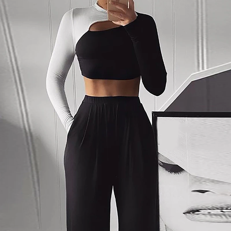 

2021 Autumn Fashion Club Outfits For Women Elegant Patchwork Short Tops And Loose Pant Suits Female Two Piece Set New Streetwear