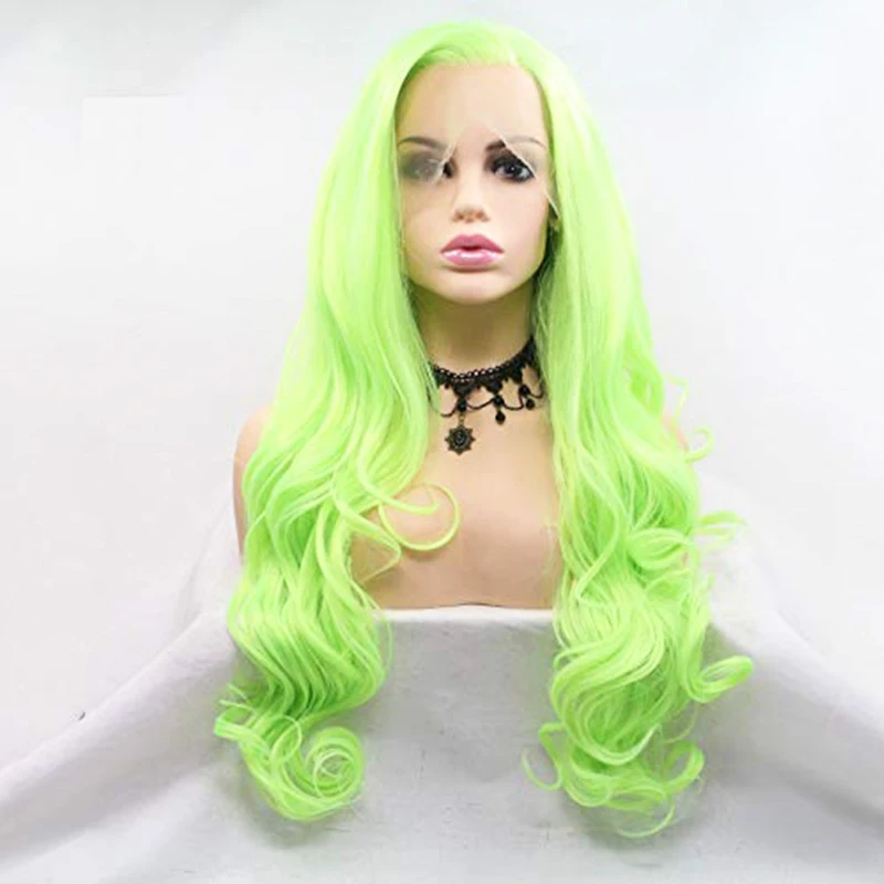 

Флуоресцентные зеленые натуральные волнистые синтетические кружевные передние парики с боковой частью, парики для косплея, термостойкие в...