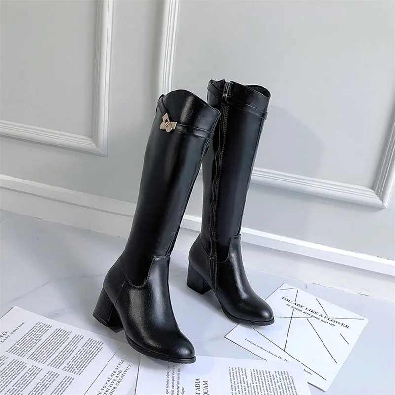 ANNYMOLI High Heel Woman Boots Knee Zip Chunky Long Metal Decoration Ladies Shoes Autumn Winter White Size 43 | Обувь