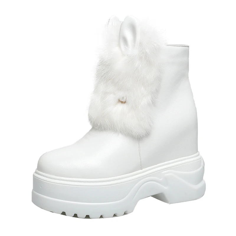 Женская обувь с кроличьими ушками кожаная теплая плюшевая зимняя женская на