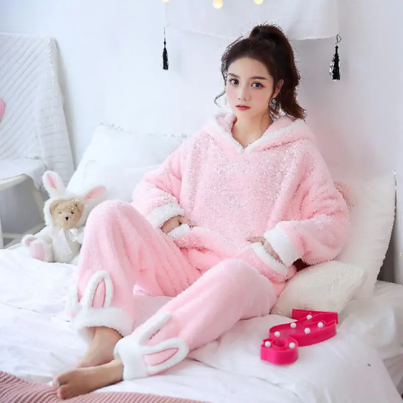 

ZITY Winter Women Flanne Pajamas Sets White Thick Warm Nightwear Sweet Coral Velvet Pyjamas Female Long Sleeve Pants Pijama
