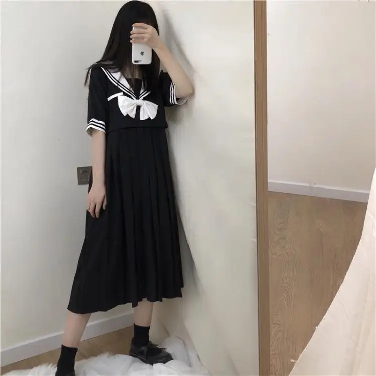 

Japanese Kwaii Sweet Woman Dress 2020 Summer Cotton Linen A-Line Sailor Collar Puff Sleeve Bow Blakc Elegant Girly Dress Female