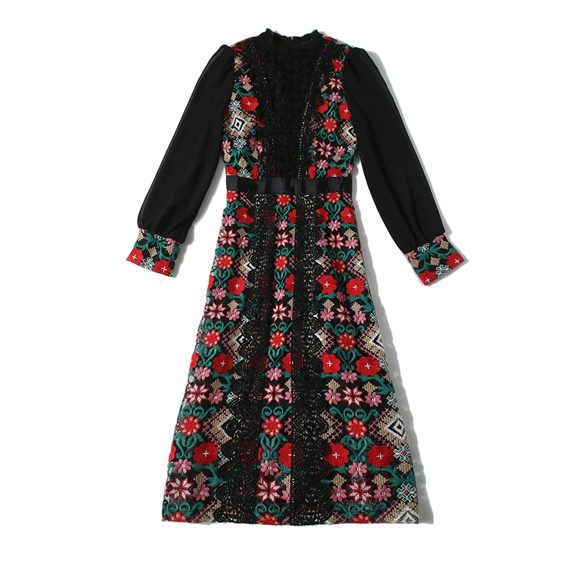 

2021 Spring High Quality Retro Embroidery Flower Dress Women Hollow Out Mesh Long Sleeve Slim Waist Elegant Lace Dress Party