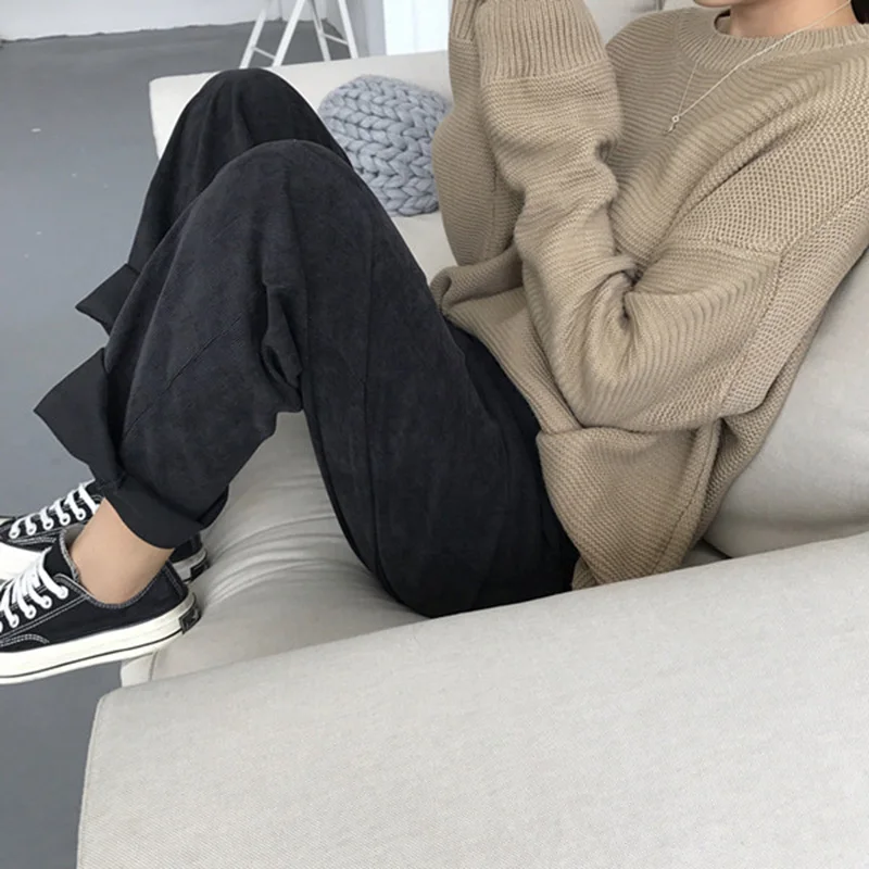

Pants Women Loose Solid Corduroy High Waist Pockets Solid Womens Long Trousers Korean Style Leisure All-match Simple Trendy