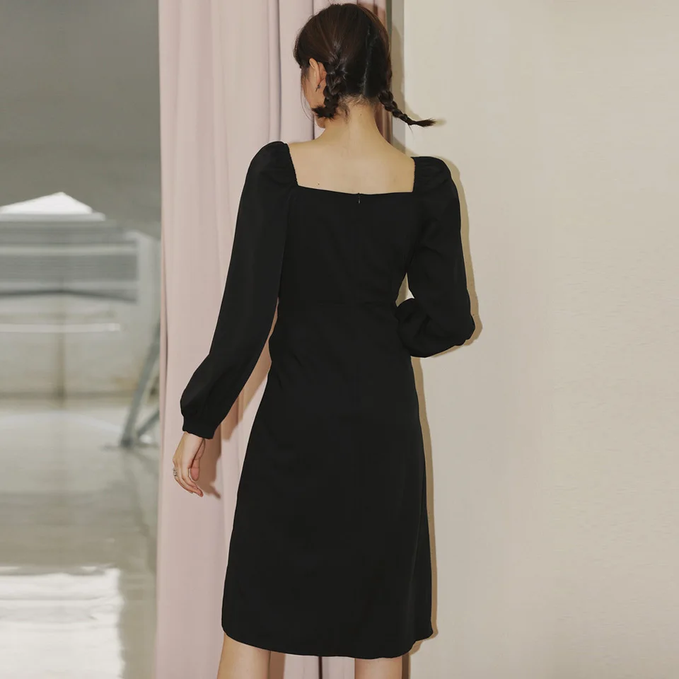 

Black High Street Dress 2020 Spring Square Collar Puff Sleeve Decorative Buttons High Waist Folds Fashion Party Dress Women