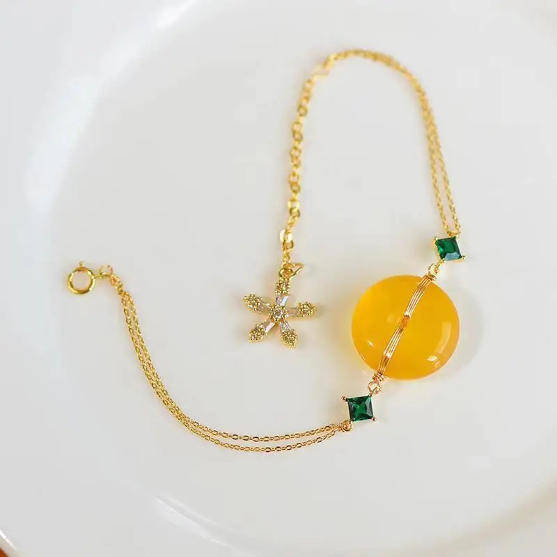 

Original S925 Sterling Silver Inlaid Natural Beeswax Safety Buckle Bracelet Fashion Amber Jewelry Gifts for Girlfriend New Produ