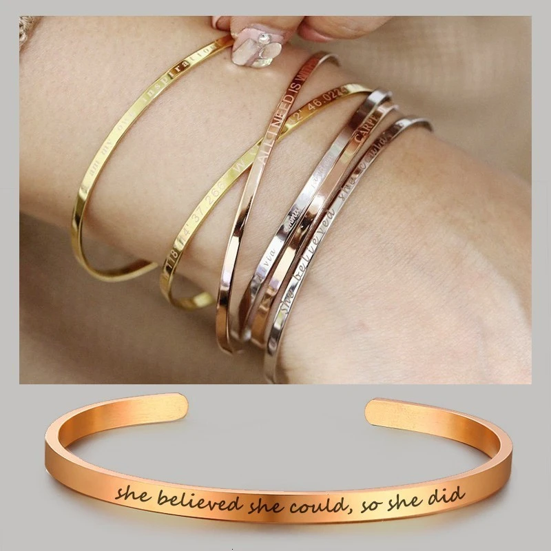 rosegold she believe 5 мм простые женские манжеты браслет золото цвет нержавеющая сталь минималистский штабелируемые массивные ювелирные изделия Подарок на годовщину - Окраска металла: rosegold she believe