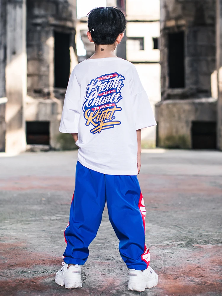 

New Children Hiphop Clothing Loose White T-shirt Boys Pants Summer Short Sleeves Ballroom Dance Clothes Kids Stage Outfit BL4793