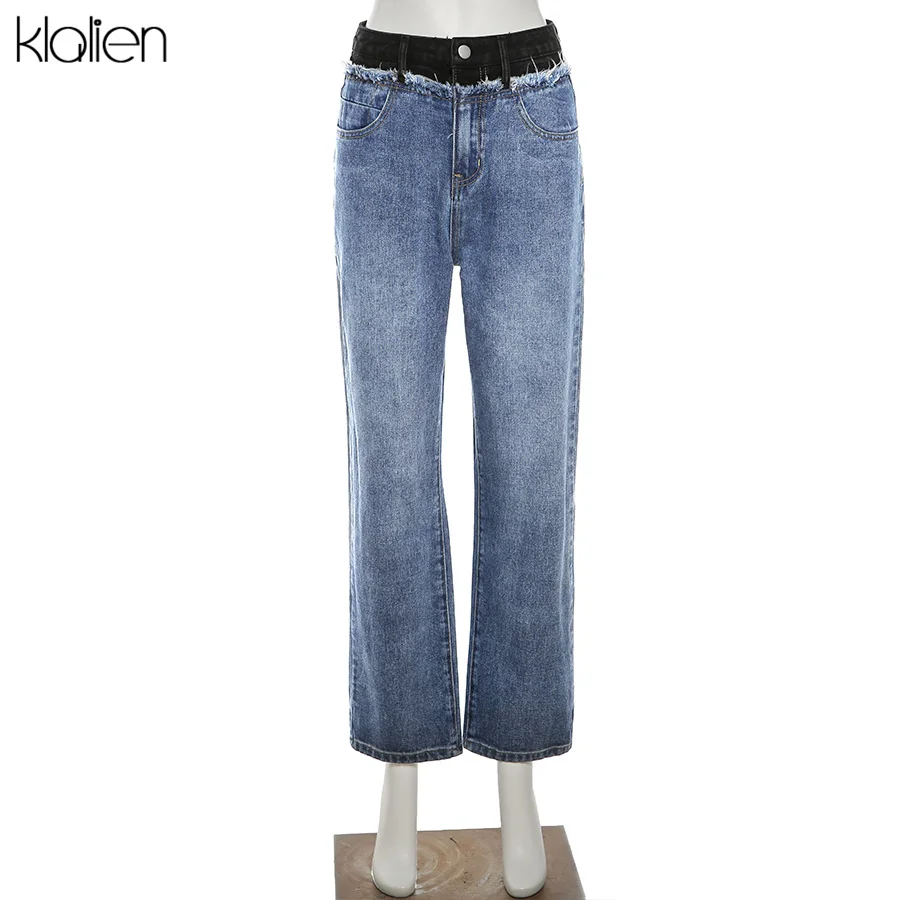 

KLALIEN Women Casual Blue Patchwork Zipper Straight Jeans 2021 New Spring Summer High Waist Loose Ankle-Length Pants Female