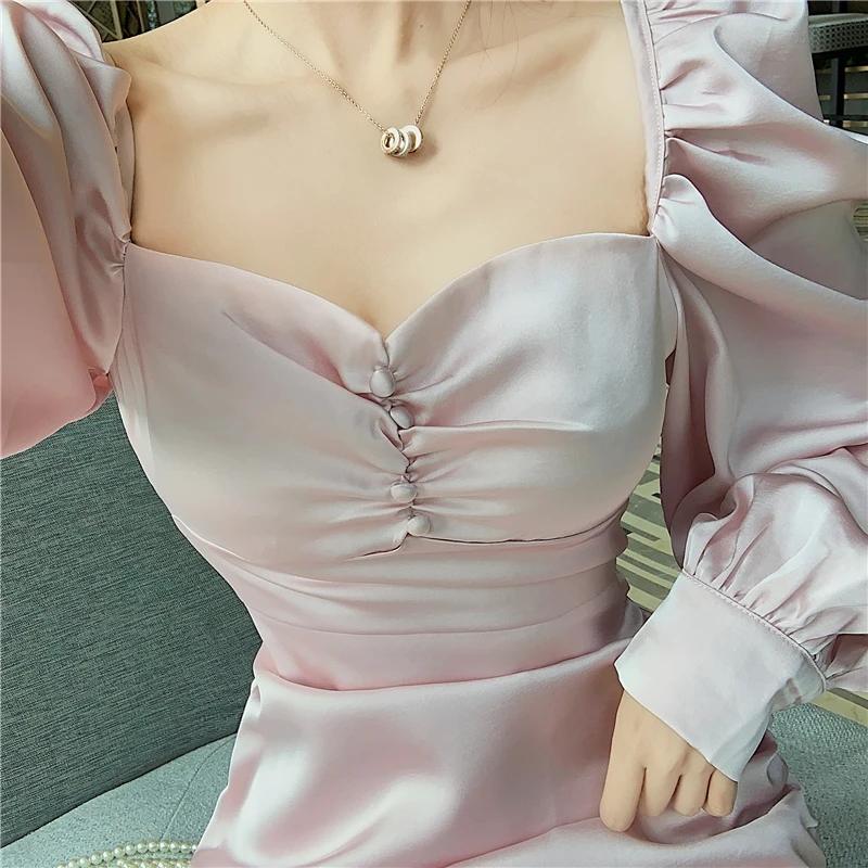 Высококачественное атласное платье с длинным рукавом платья в стиле ретро