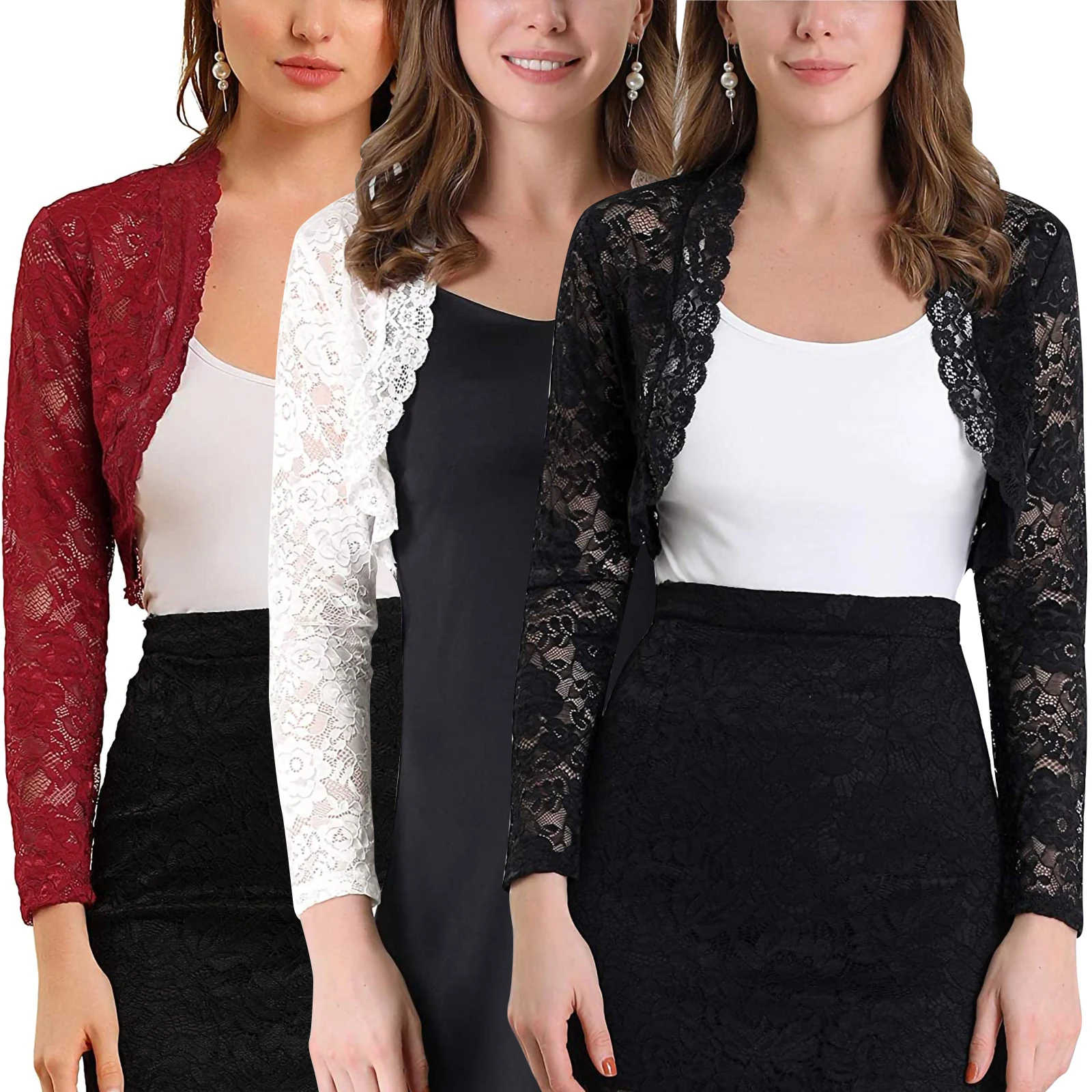 

hirigin Fashion Women Bikini Floral Lace Cardigan Adults See-through Scalloped Long Sleeve Short Crop Tops Blouse for Ladies