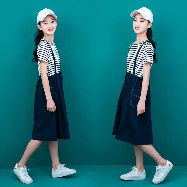 Летняя одежда для девочек-подростков детские платья из двух предметов с ложным