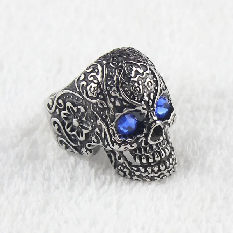 Men's Blue CZ Eyes Gothic Poker Skull Flower Stainless Steel Biker Ring Jewelry | Rings