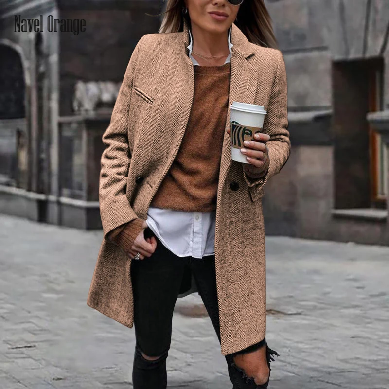 

2021 Long Streetwear Coat Women Patchwork Turn-Down Collar Outerwear Spring Autumn Solid Full Sleeve Ladies Jacket Dropshipping