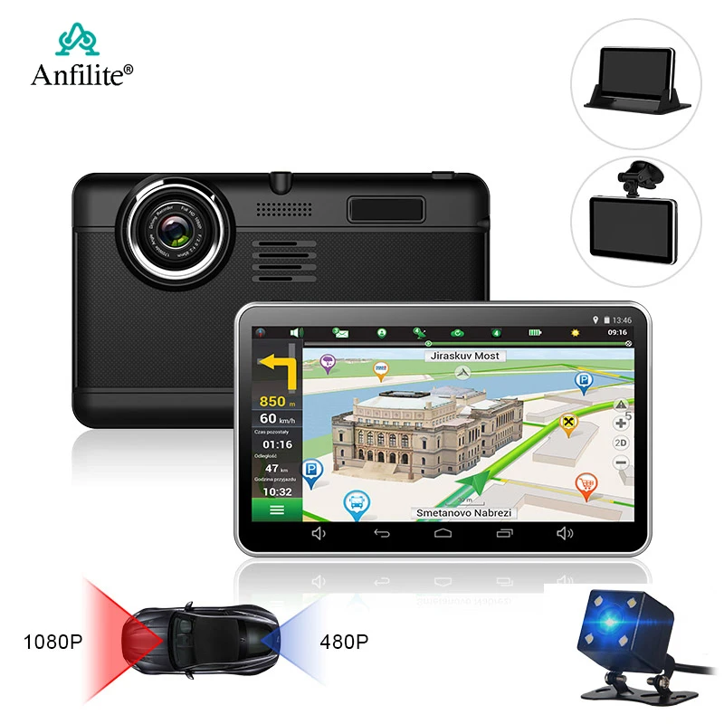 Anfilite H55 7 дюймовый емкостный экран Android Автомобильный gps навигатор четырехъядерный 512 М 16 ГБ Автомобильный видеорегистратор две камеры 1080P рекордер