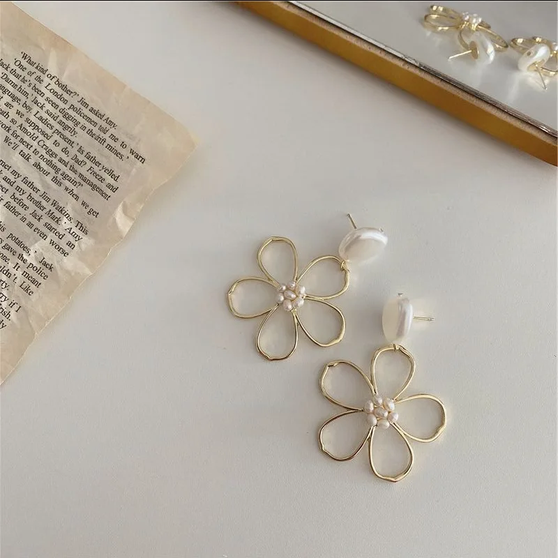 Винтажные серьги с искусственным жемчугом и цветком для женщин женские золотого