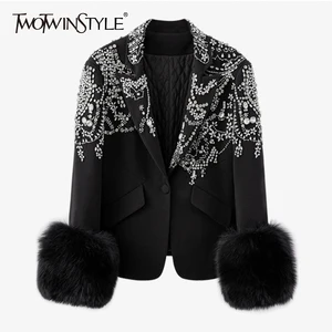 Женский блейзер TWOTWINSTYLE, черный лоскутный блейзер с манжетами и бриллиантами, повседневная одежда с длинным рукавом, 2020