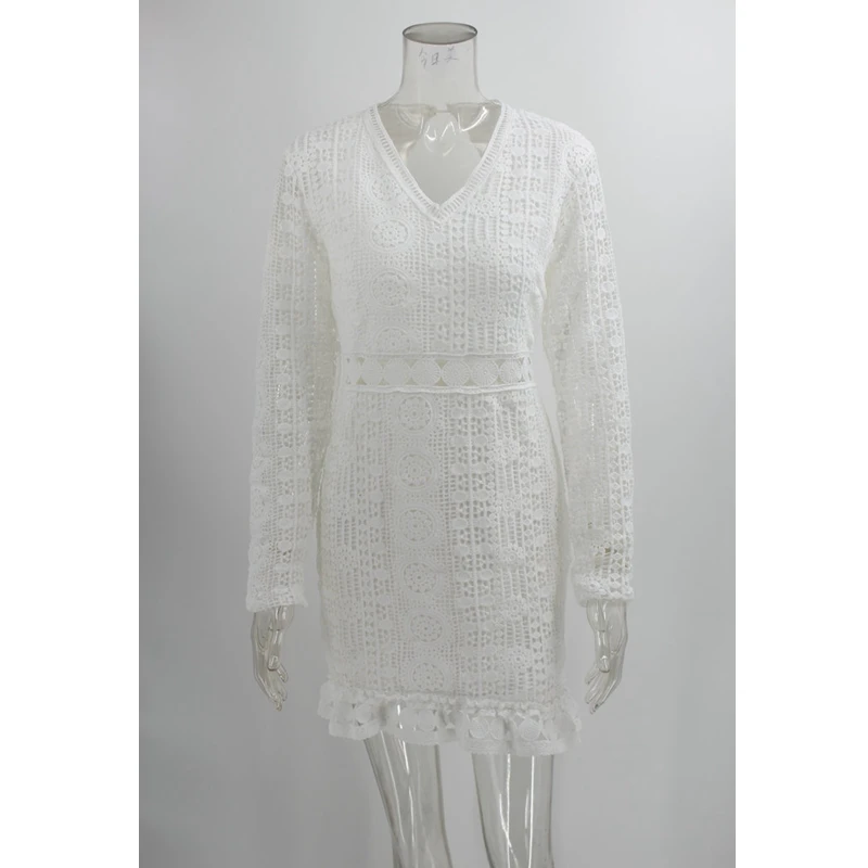 

WEPBEL Dress Summer High Waist Long Sleeves V-neck Backless Slim Fit Dress Women's Solid Lace Stitching Hollow Out Dress