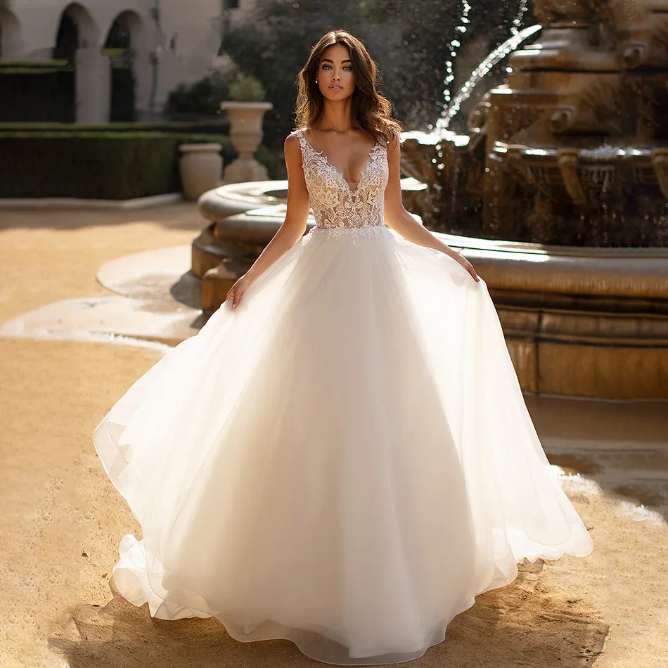 

Backless Vestido De Noiva Muslim Wedding Dresses A-line V-neck Tulle Appliques Lace Beaded Boho Wedding Gown Bridal Dresses