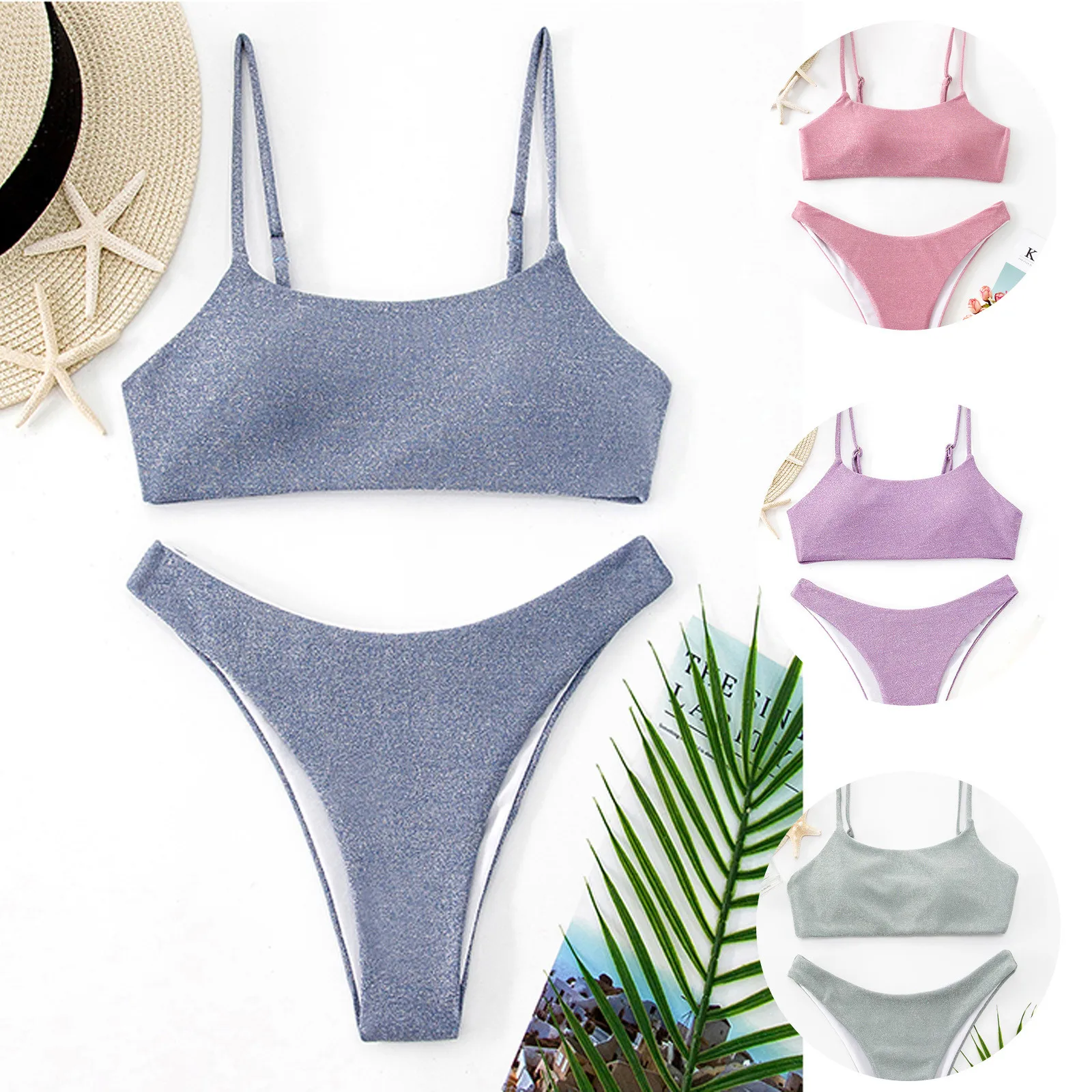 

SAGACE Ladies sexy solid color bikini swimsuit ladies leaf print bandage bikini set push-up brazilian swimwear beach swimwear