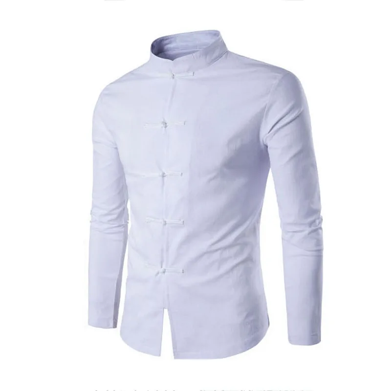 White Shirt Men Брендовая мужская рубашка в китайском традиционном стиле, Мужская Однотонная рубашка с воротником-стойкой, официальные рубашки с длинным рукавом из хлопка и льна, Повседневная рубашка - Цвет: White Shirt Men