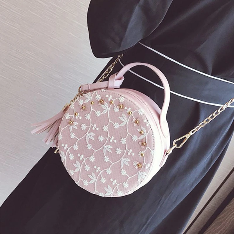 Милые кружевные круглые сумки высокое качество искусственная кожа женские через