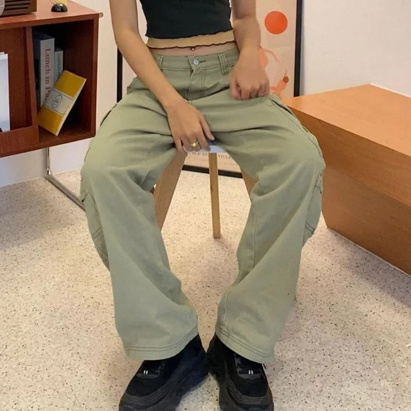 Vintage Low Rise Jeans Cargo Pants Women Denim Trousers Y2K Pocket 90s Aesthetics Loose Korean Fashion Egirl Wide Leg Streetwear