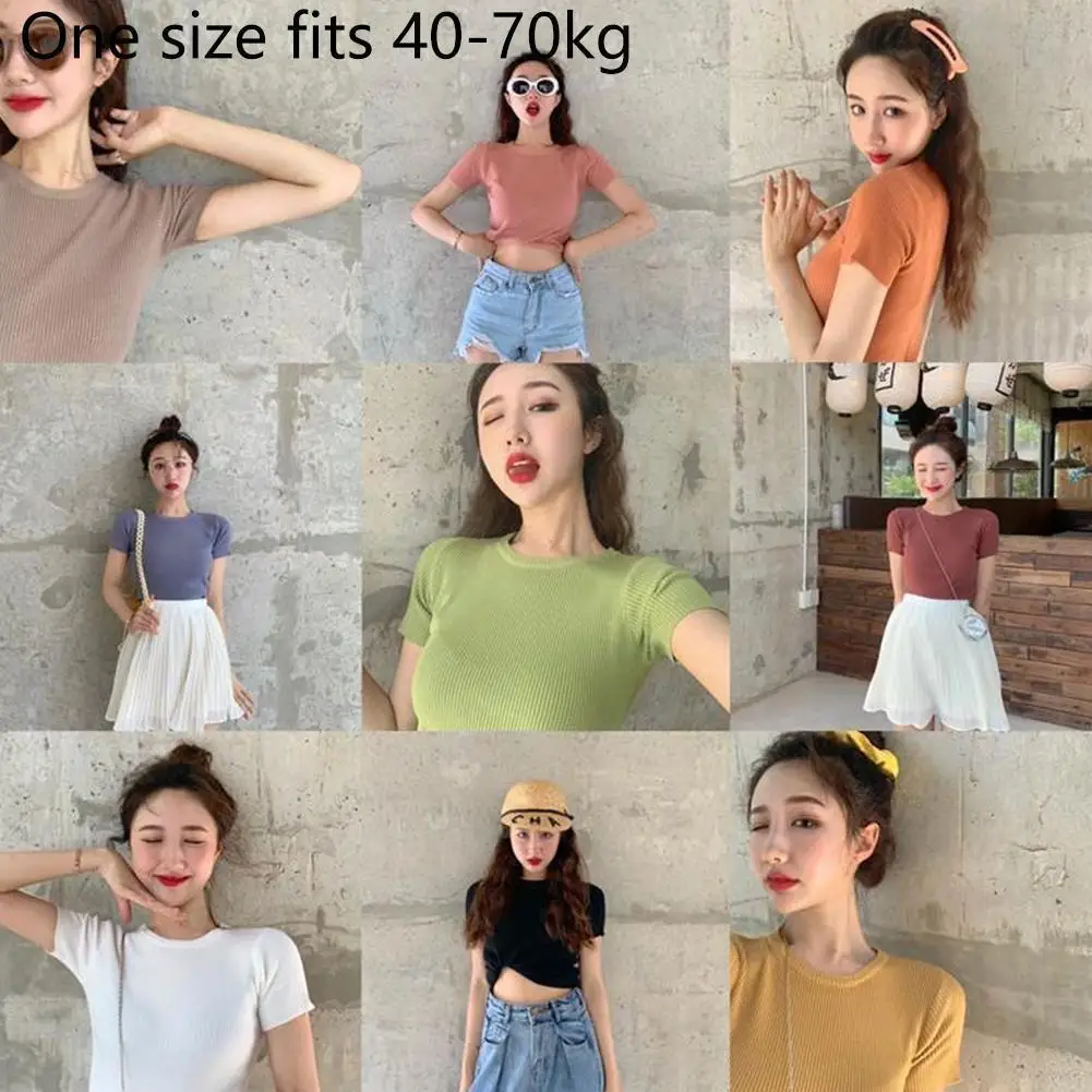 

O Neck Knit White Crop Top Women Summer Casual T Shirt Black Streetwear Short Ribber Sexy Tops Basic Sleeve J5p7