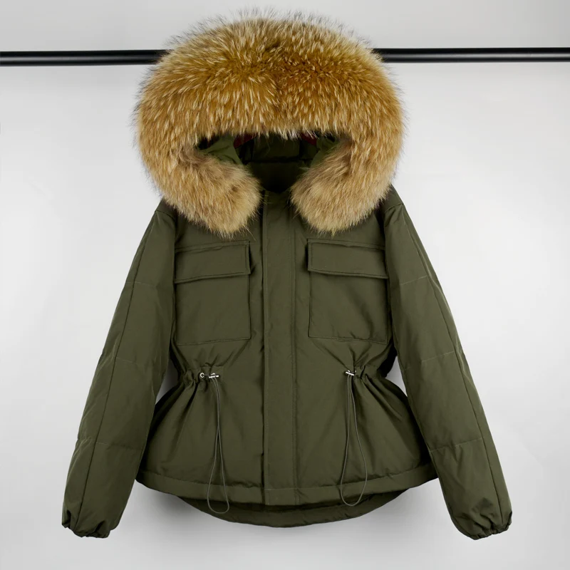 Women's Winter Coat Duck Down Natural Raccoon Fur Hooded Jacket Belt Women 90% Waterproof Snow Coat