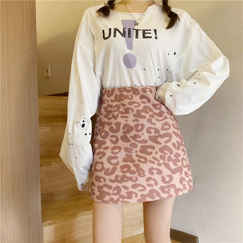 

Женская короткая юбка с леопардовым принтом, розовая шерстяная юбка с завышенной талией, трапециевидная Минималистичная юбка в стиле интер...