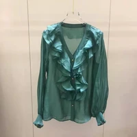 2022 spring summer hot sale blouses high quality women v neck ruffle flower deco long sleeve elegant apricot khaki green shirt