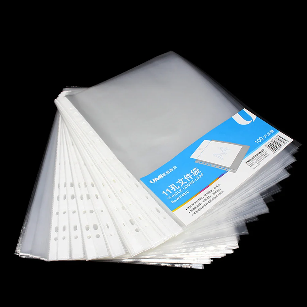 

100 Pages/pack File Holder A4 Transparent Document Pocket Clear 11-hole Multipurpose Waterproof PP Sheet Protectors File Pouch