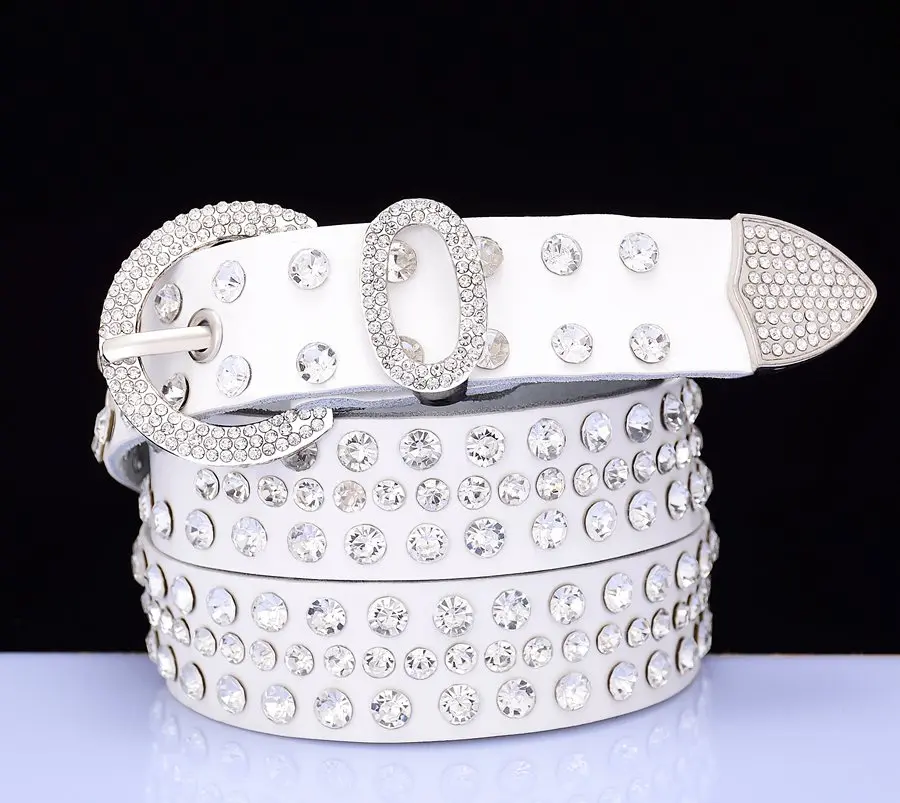 Fashion genuine leather rhinestone belts for women Luxury shining silver ring Pin Buckle belt female jeans strap width 2.8 cm