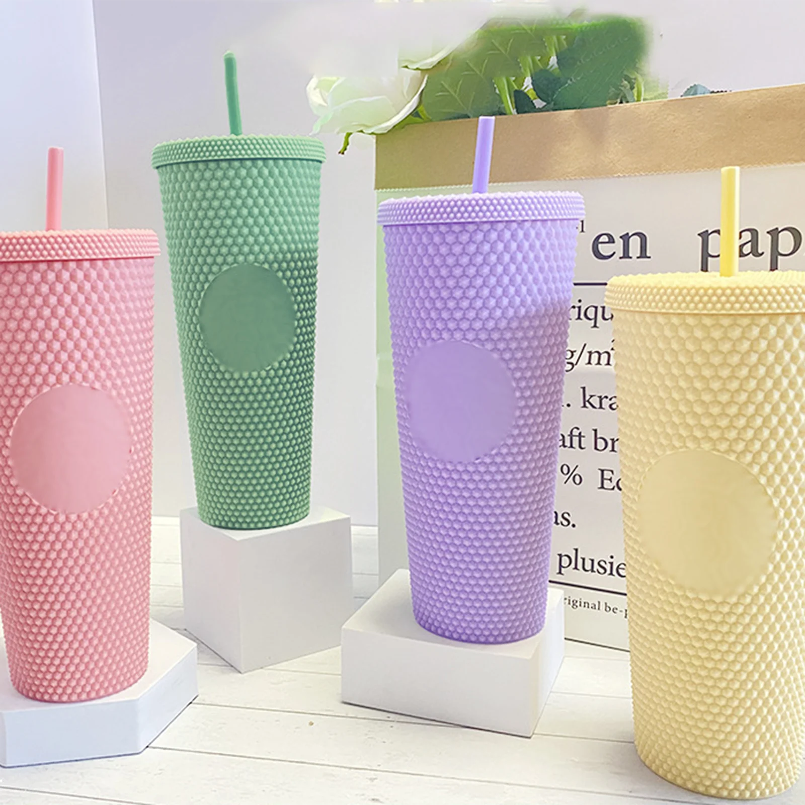 

Чашка с соломинкой, матовая двухслойная пластиковая кружка карамельного цвета, может удерживать воду и кофе, акриловая кружка для холодных и горячих напитков