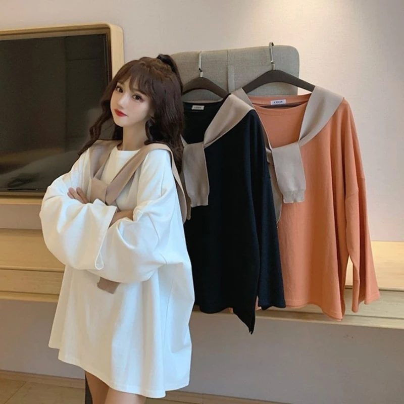 

Autumn Preppy Style Long Sleeve Women T Shirts Lazy Wind Casual Fashion Wrap All-match Two-piece Suit 2xl Oversized White Orange