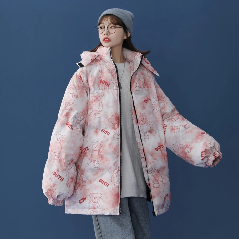 

Cotton Padded Bear Print Pink Cute Jacket Women's Winter 2021 New Fashion Casual Loose Oversize Jacket Ins Thicken Warm Coat