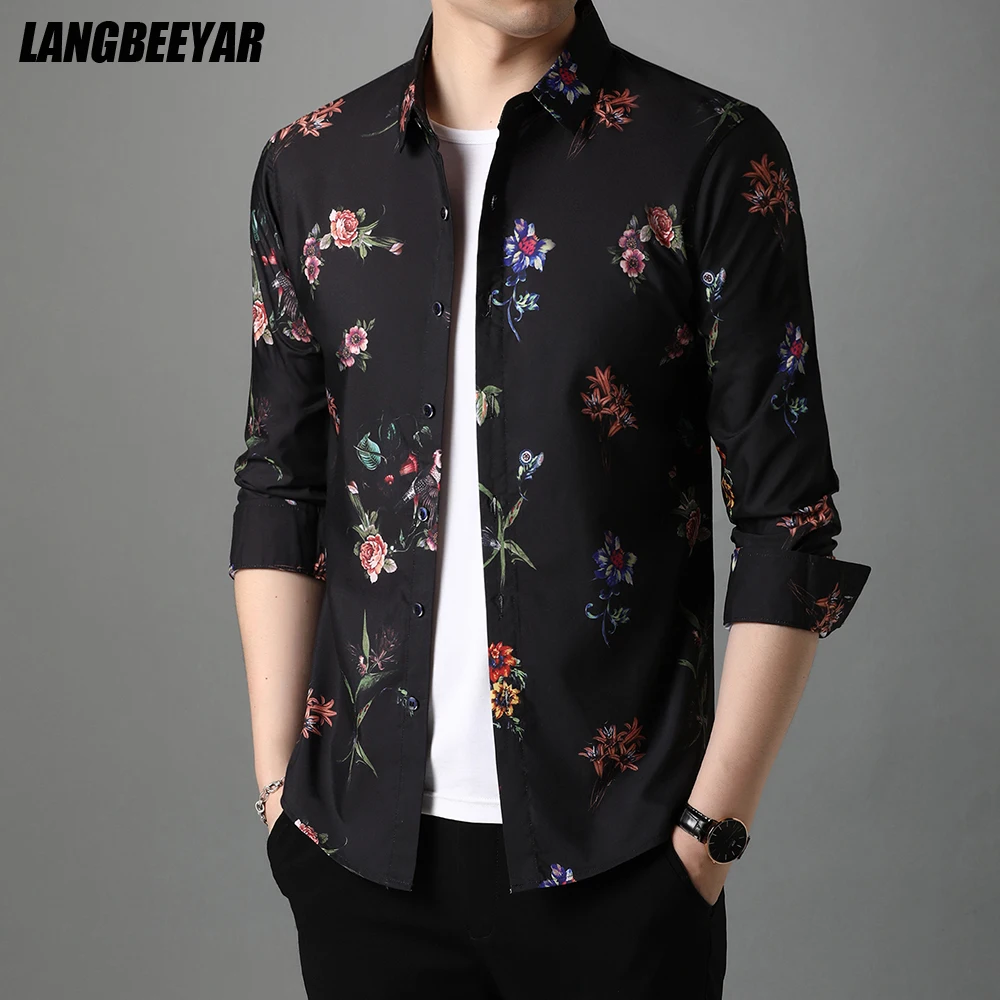 

Top Quality New Style Fashion Brand Designer Slim Fit Flower Men Shirts 2021 Long Sleeve Trendy Casual Korean Men Clothes