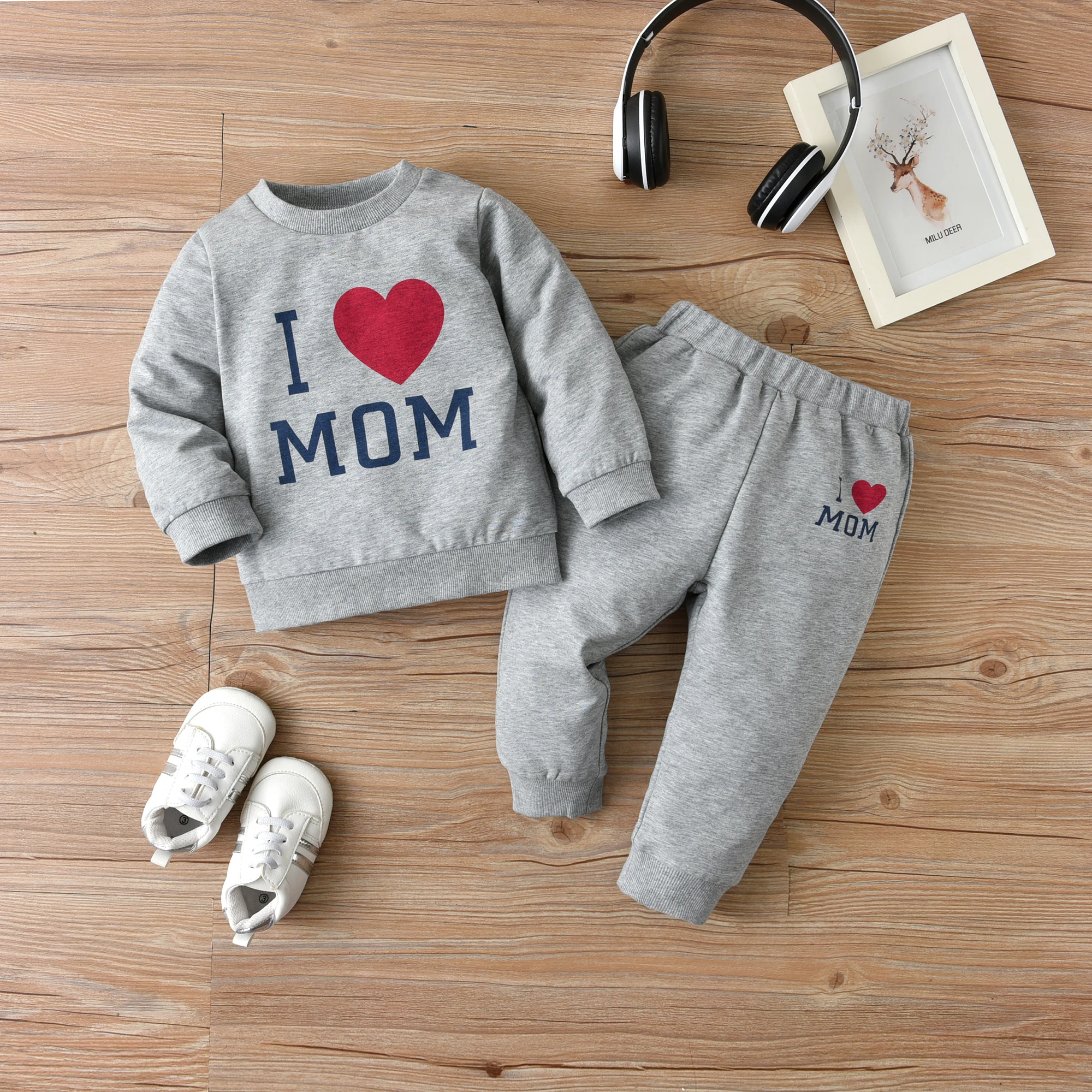 

Baby Clothes Set Grey Sets For Babies Chic Letter Print Outfits 2Pcs I LOVE MOM Suits 0-2Y Girls/Boys Spring/Fall Set Milamiya