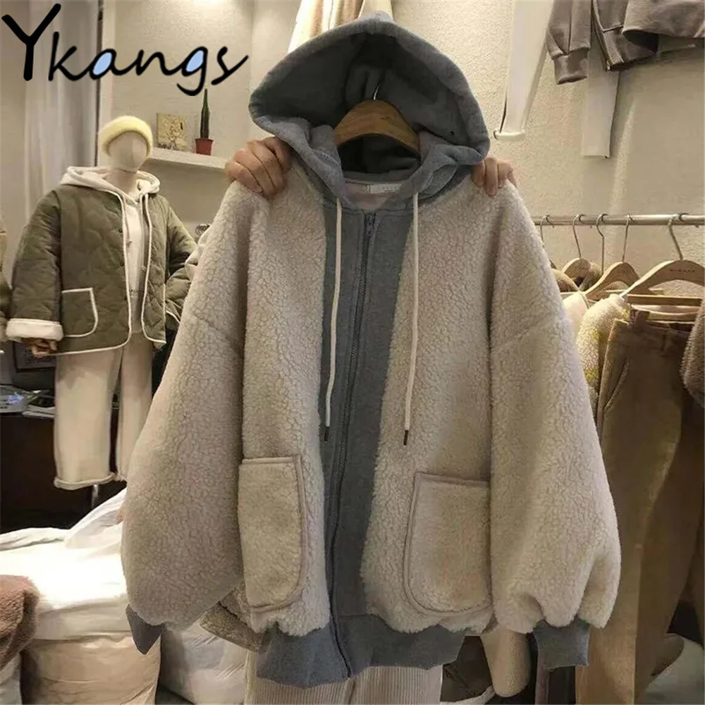 

Imitation Lamb Wool Jacket Korean Style Fake Two Pieces Splicing Parka Student Winter New Harajuku Women Loose Hooded Streetwear