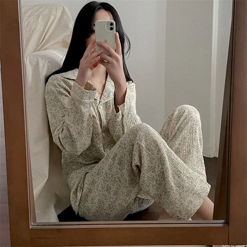 

crepe floral print women pajama set lapel long sleeve sleepwear 2 piece set single breasted cotton home suit women's set Y445