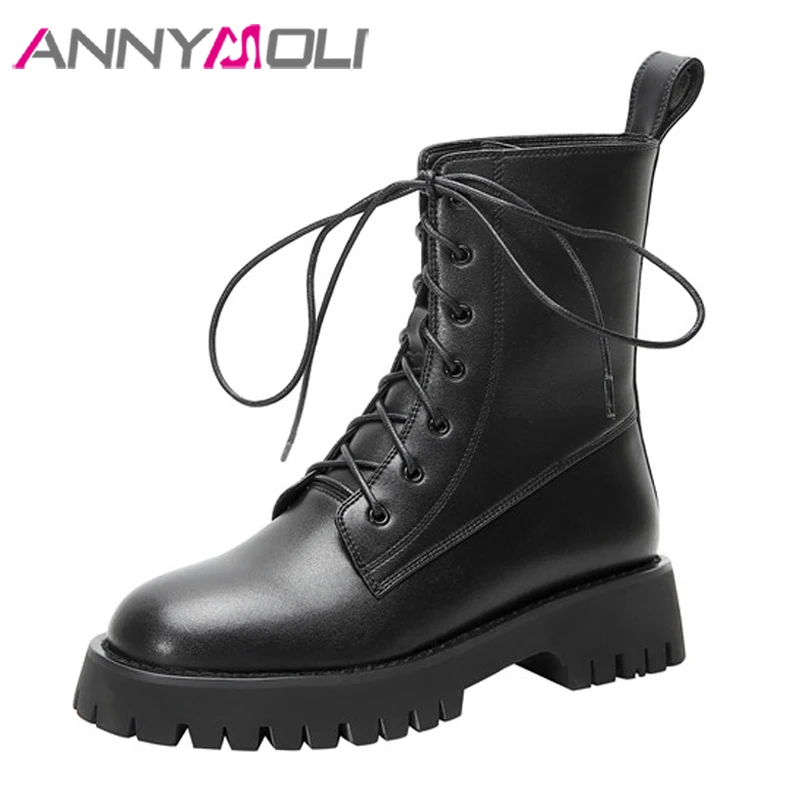 

Ботинки ANNYMOLI женские из натуральной кожи, на плоской платформе, до середины икры, мотоциклетные ботинки, с круглым носком, на шнуровке, корот...