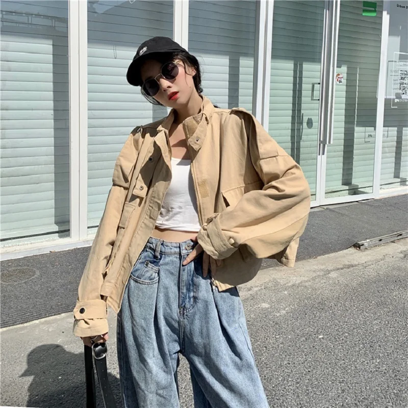 Женская короткая куртка ulzzang Harajuku Повседневная Свободная на молнии в винтажном