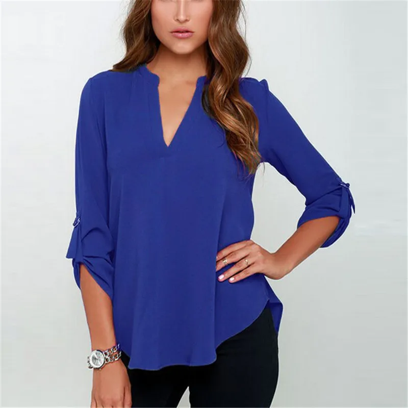 

Donsignet Fashion Women's Blouse New Summer Casual V-neck Pullover Solid Color Fold Sleeves Plus Size Long Sleeve Blouse